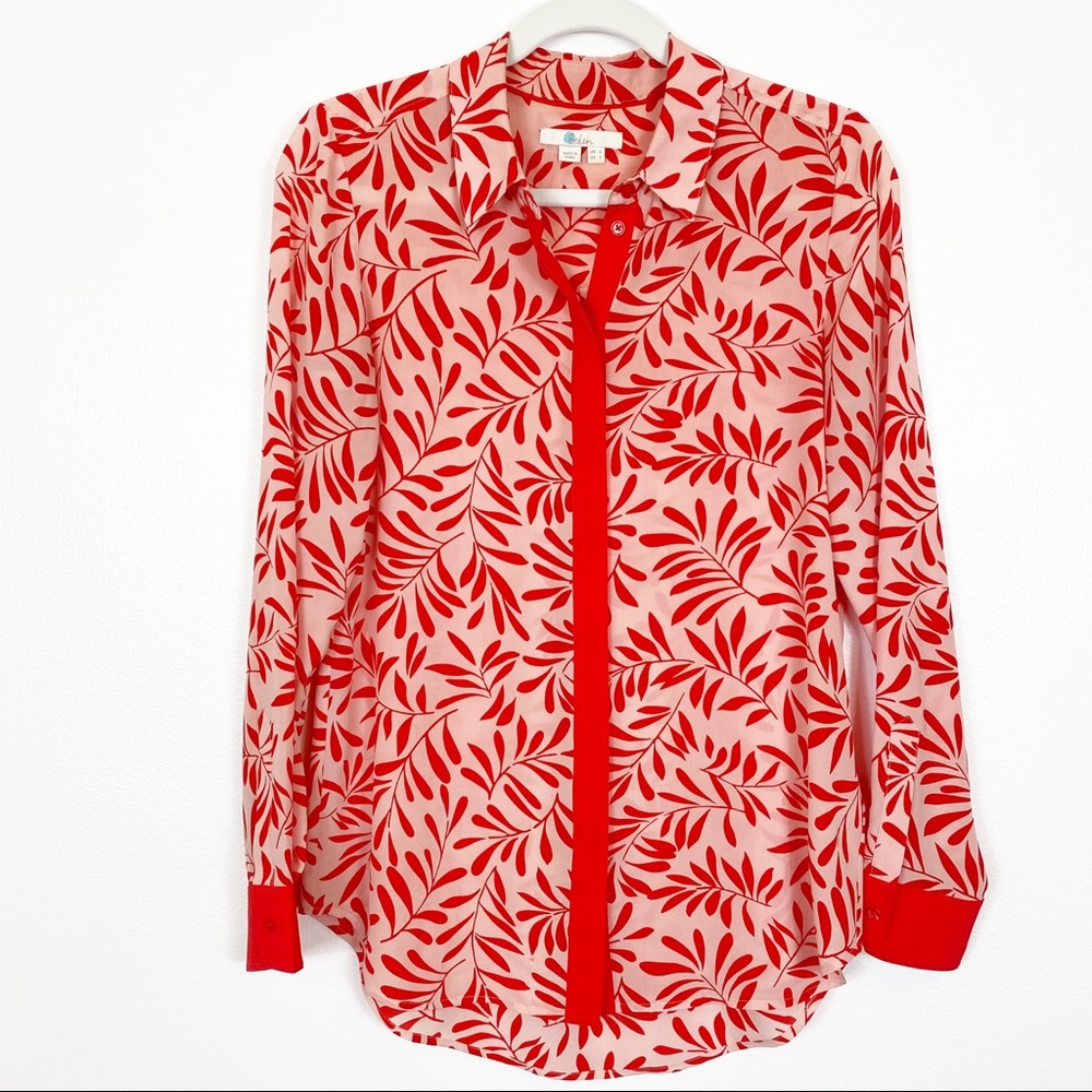 Boden Leaf Print Silk Shirt Chalky Red/Pink Button Down Size 2